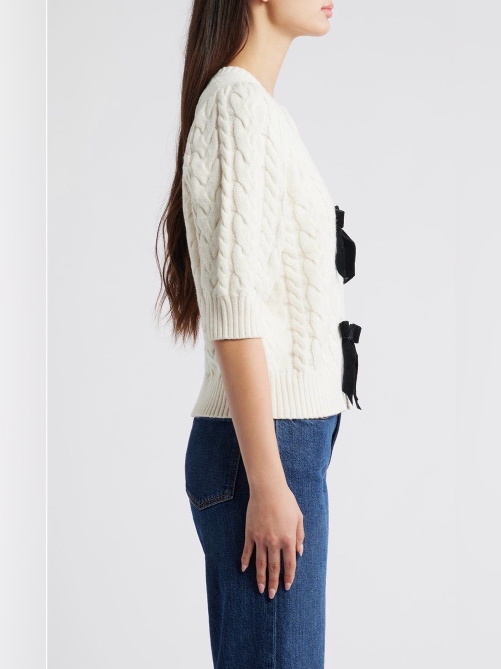 NWT Rails Clarissa Velvet Bow Cotton & Merino Wool Cable Sweater M - Picture 3 of 7
